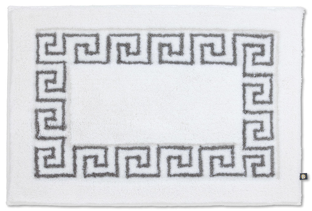 Badezimmerteppich Mäander Wunschmaß in Weiß-Kiesel, individueller Teppich mit elegantem Muster.