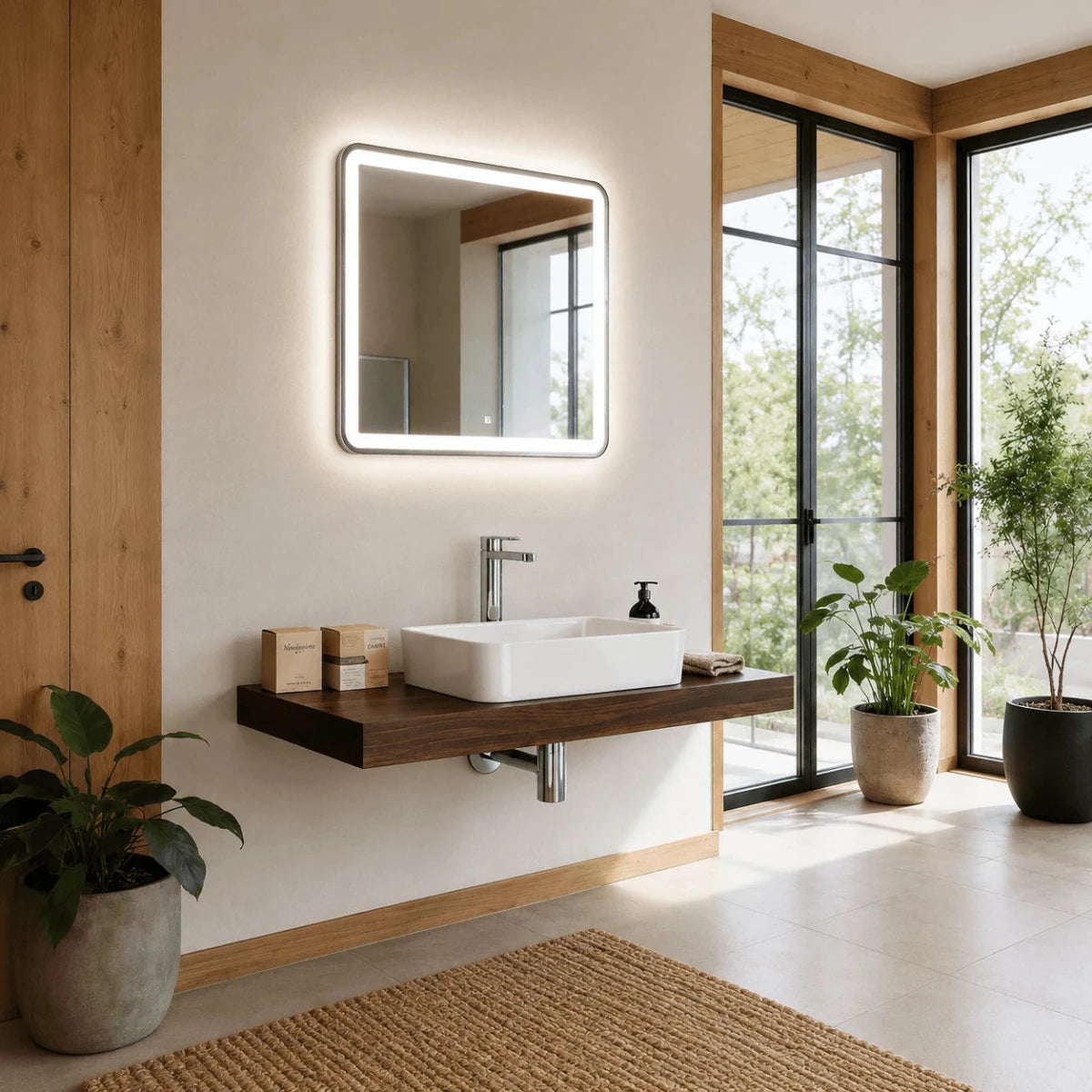 Eleganter Badspiegel Lucente mit abgerundeten Ecken, hochwertiger Verarbeitung und zeitlosem Design für moderne Badezimmer