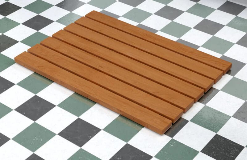 Rutschfeste Teakholz-Badematte für ein natürliches Spa-Ambiente im Badezimmer.
