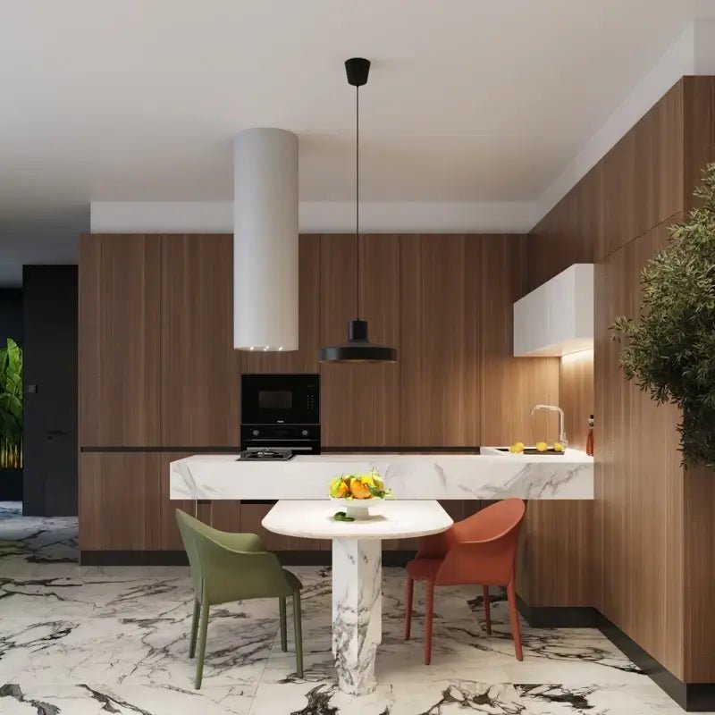 Schwarze Metall-Pendelleuchte Bilo über Esstisch, moderne Hängeleuchte für Esszimmer