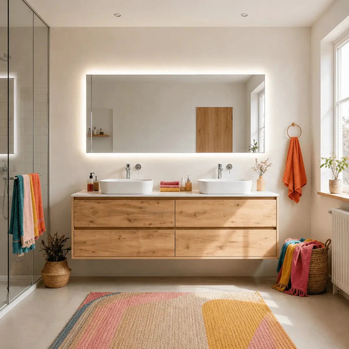 Eleganter Badezimmerspiegel Tramonto mit indirekter LED-Beleuchtung und stimmungsvoller Hintergrundbeleuchtung für stilvolle Badezimmer