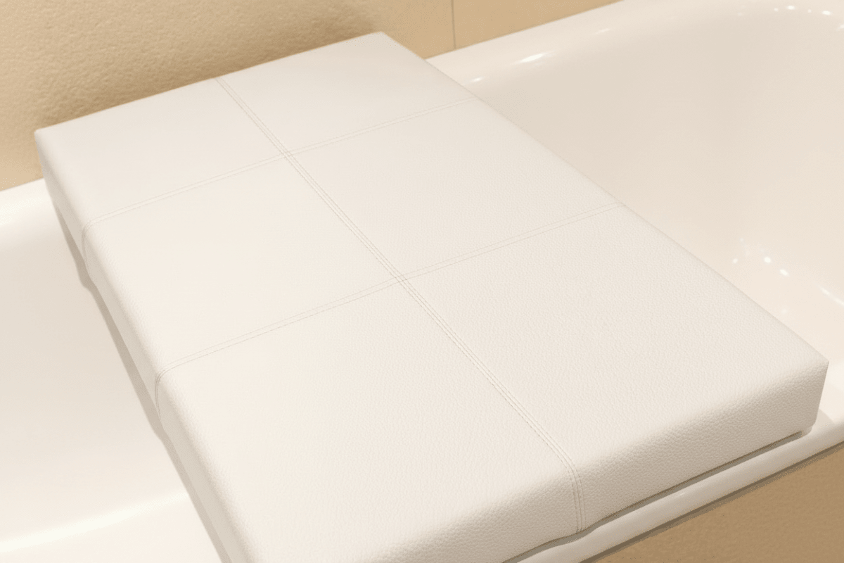 Weiße Badewannenauflage mit feiner Narbung – moderne Sitz- und Ablagefläche für ein komfortables und stilvolles Badezimmer.