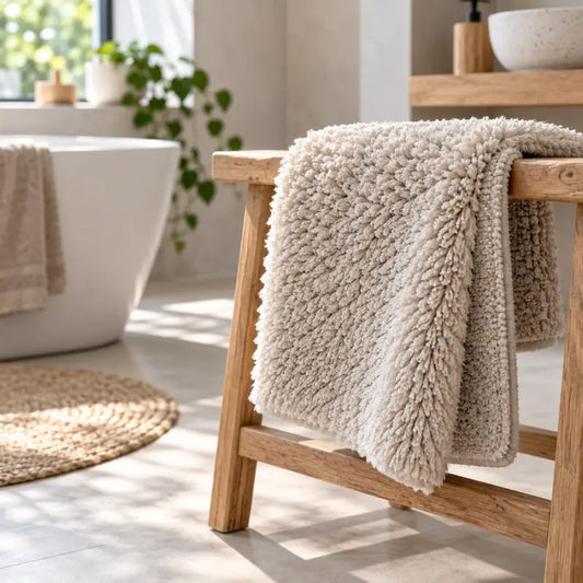 Badteppich zum Trocknen über einer Holzbank in einem hellen Badezimmer