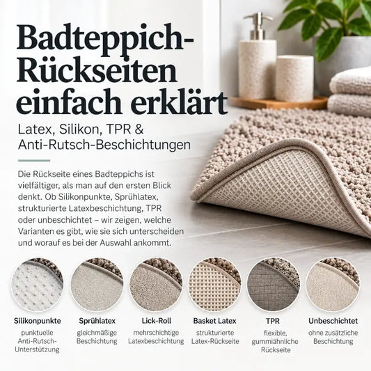 Badteppich-Rückseiten im Vergleich mit Silikonpunkten, Sprühlatex, Latex-Beschichtungen, TPR und unbeschichteter Rückseite