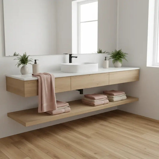 Holzboden & Holzoptik-Fliesen im Bad – welche Textilien & Farben passen perfekt?