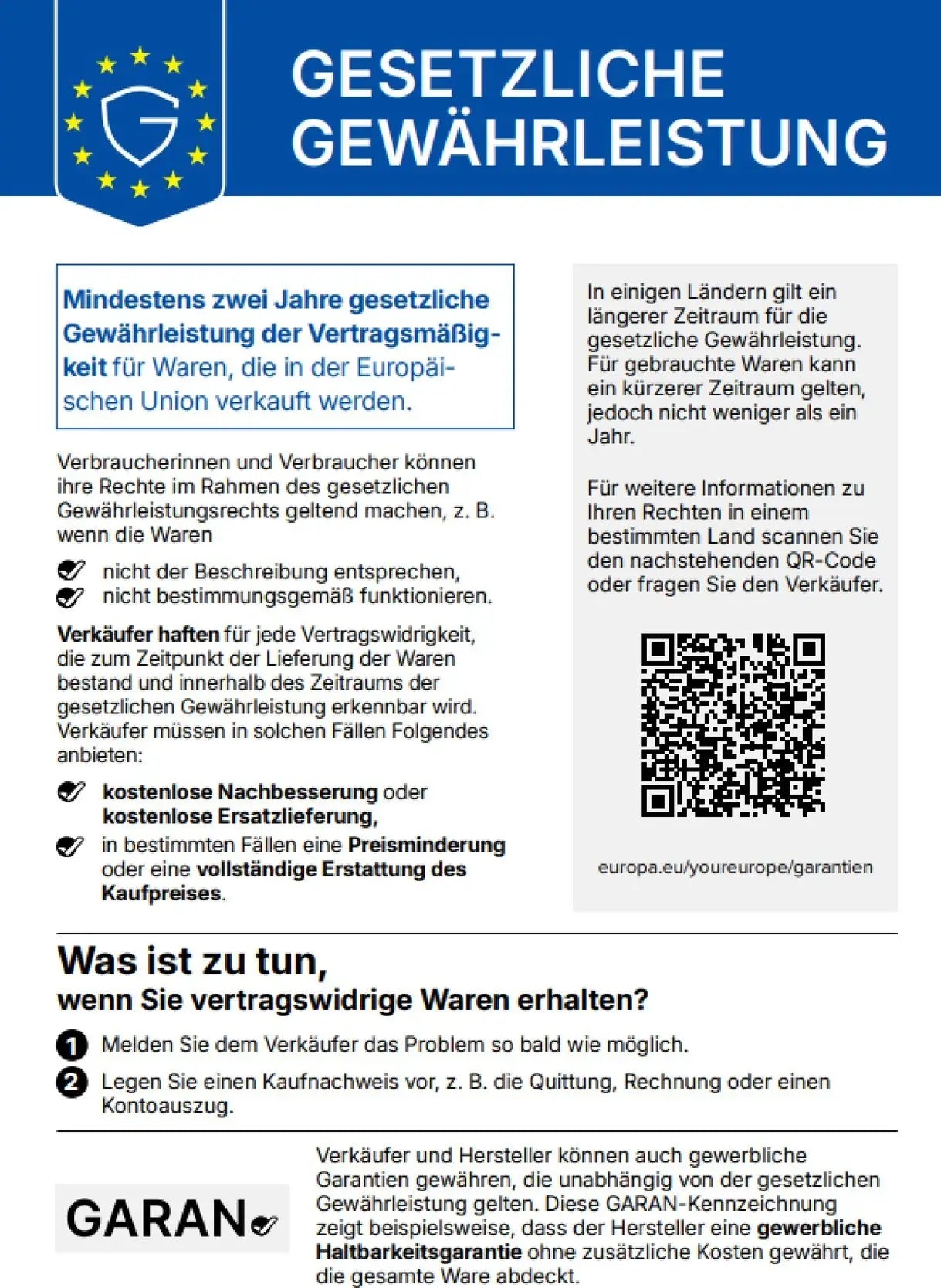 Gesetzliche Gewährleistung – EU-Etikett