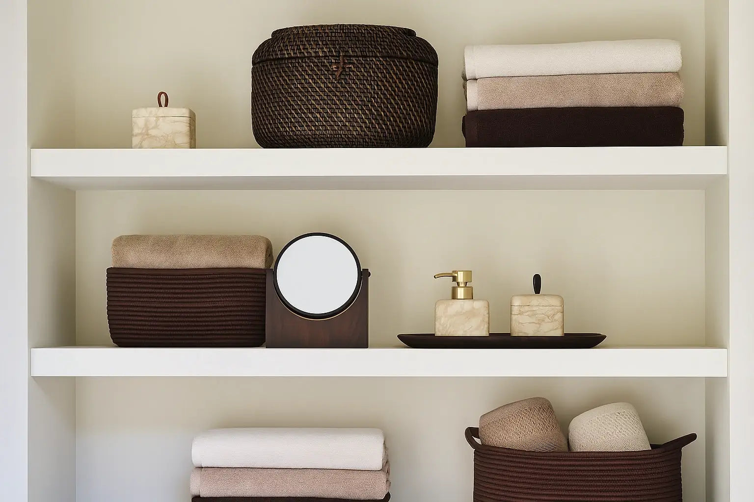 Badezimmerregal mit Marmor-Accessoires Blake, Holzablage Ebony, Rattan-Körben Cino und Handtüchern London – harmonisches Bad-Set in Beige- und Brauntönen