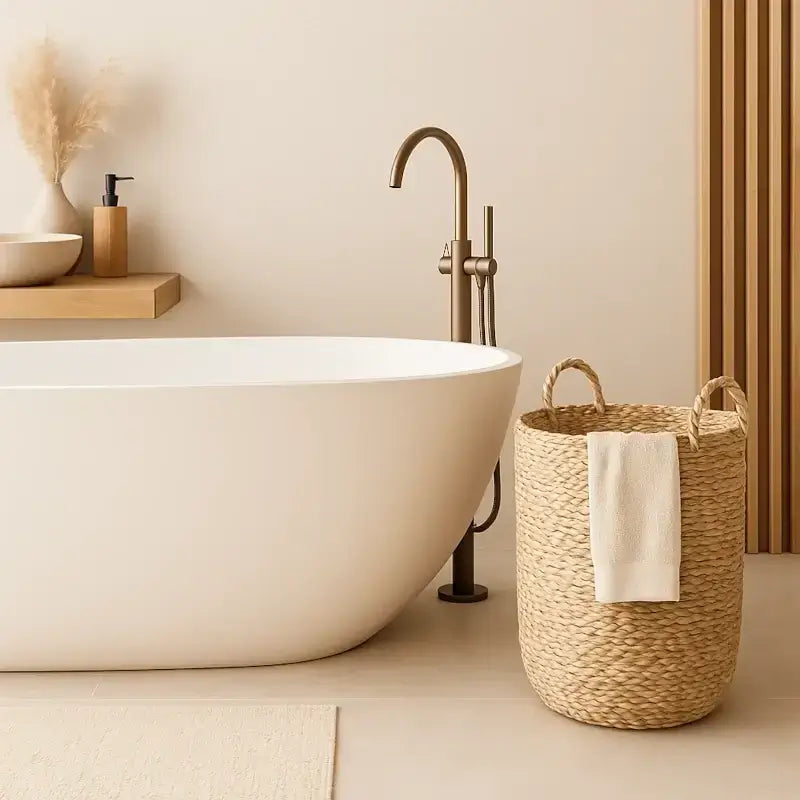 Japandi-Badezimmer mit Seegras-Wäschekorb, Holzdetails und natürlicher Dekoration – minimalistisches Bad im skandinavisch-japanischen Stil.