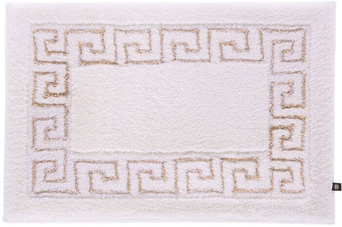 Badezimmerteppich auf Maß, Mäander in Weiß mit Goldlurex von Rhomtuft, eleganter und individueller Teppich.