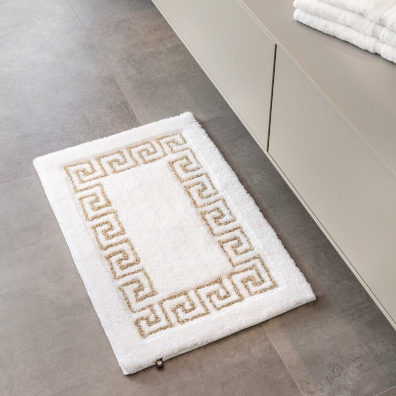 Badezimmerteppich Badteppich mit Mäander Muster, Maßanfertigung in Weiß und Gold