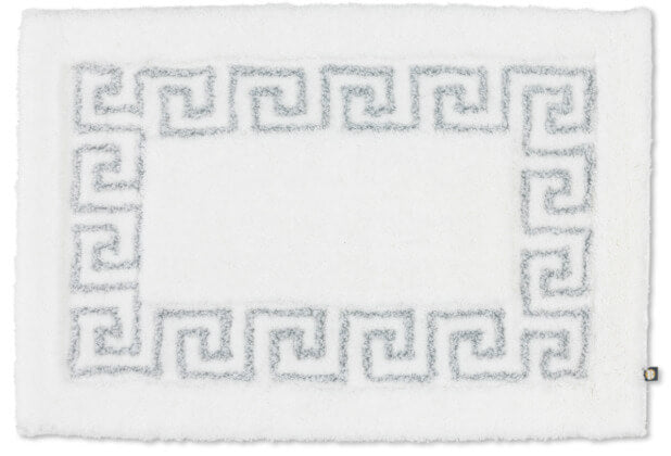 Rhomtuft Mäander Badezimmerteppich nach Maß: Eleganter Teppich in Weiß Silberlurex mit besonderem Glanz.