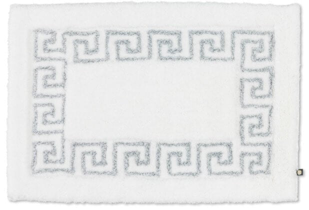 Rhomtuft Mäander Badezimmerteppich nach Maß: Eleganter Teppich in Weiß Silberlurex mit besonderem Glanz.