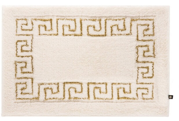 Badezimmerteppich nach Maß, Mäander in Natur-Jasmin mit Gold von Rhomtuft, ein natürlicher und individueller Teppich.