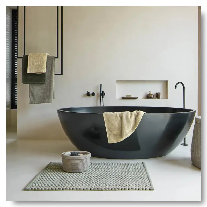 Ausgefallener Badteppich, kombiniert mit Rena Badkorb, London Handtücher, für ein modernes Badezimmer mit viel Stil