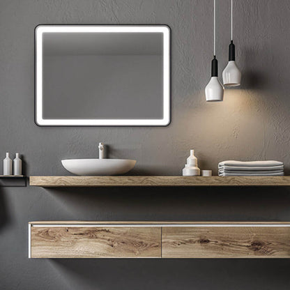 Lucente Badspiegel mit abgerundeten Kanten und schwarzem LED-Rahmen: Modern und elegant.