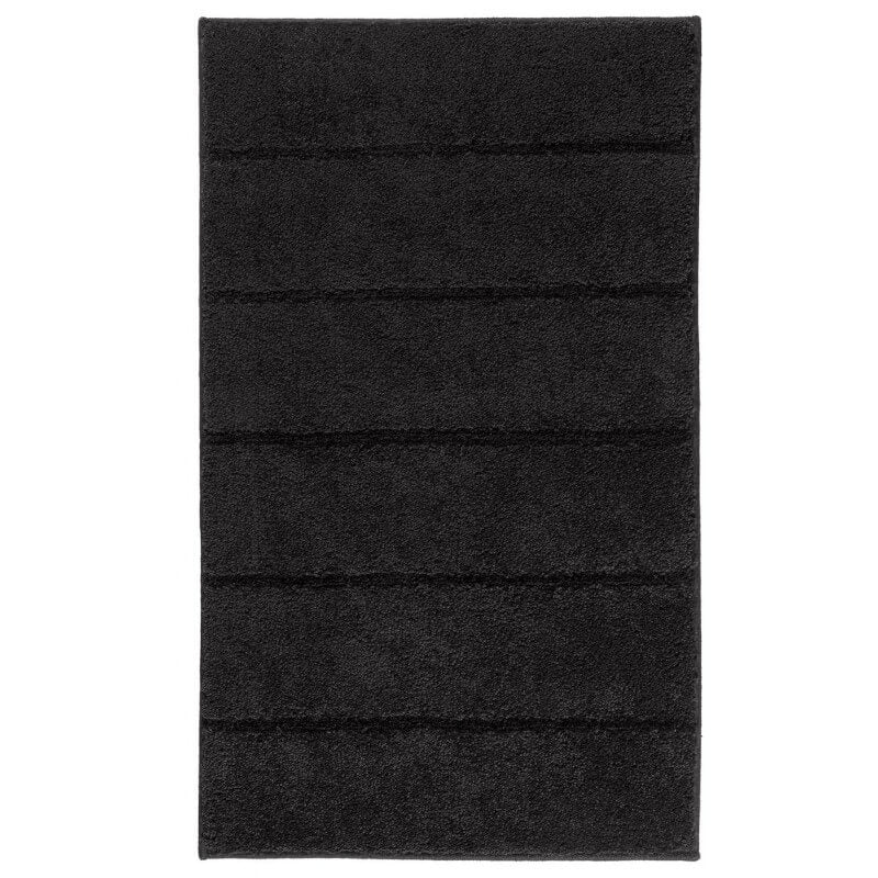 Badteppich Ray Schwarz mit markanten, breiten Hoch-Tief-Streifen und rutschfester Unterseite.