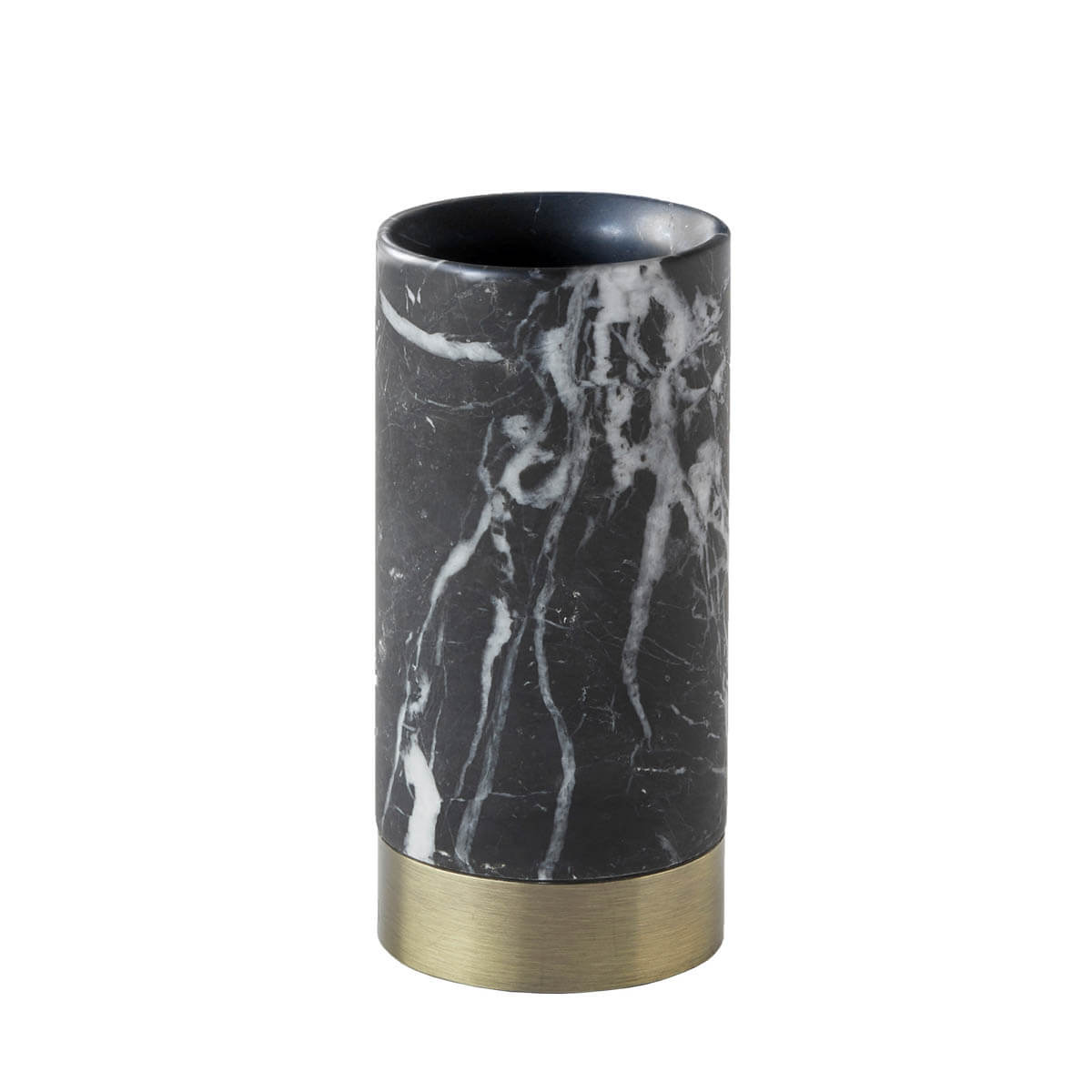 Luxuriöser Naturstein-Becher: Der Zahnputzbecher "Nero" von "Aquanova" aus Naturstein in den Farben Schwarz und Gold ist ein luxuriöses Badaccessoire.