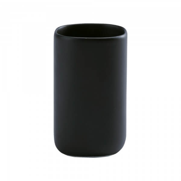 Becher oder Zahnbürstenbecher aus Keramik und Holz, Farbe Schwarz, Modell Oscar von Aquanova.