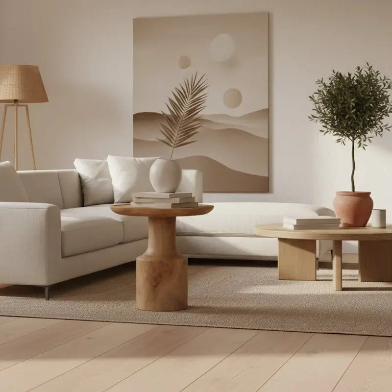 Beistelltisch Holz Nero neben Sofa in hell eingerichteten Wohnzimmer – Japandi Stil bei Dawelba