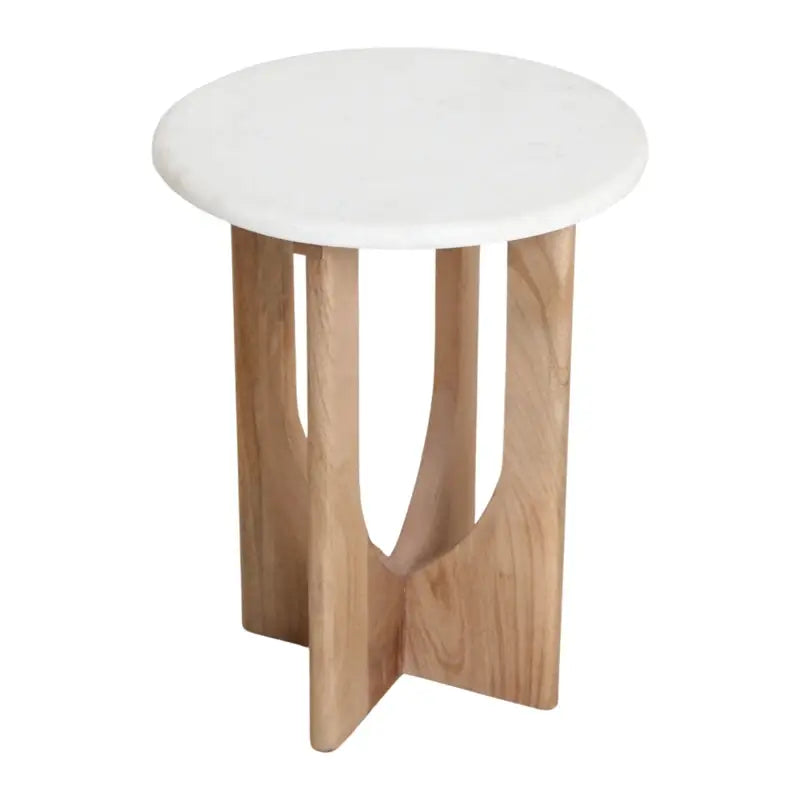 Kleiner runder Beistelltisch Kuching mit weißer Marmorplatte und Holzgestell – modernes Design für Wohnzimmer und Schlafzimmer