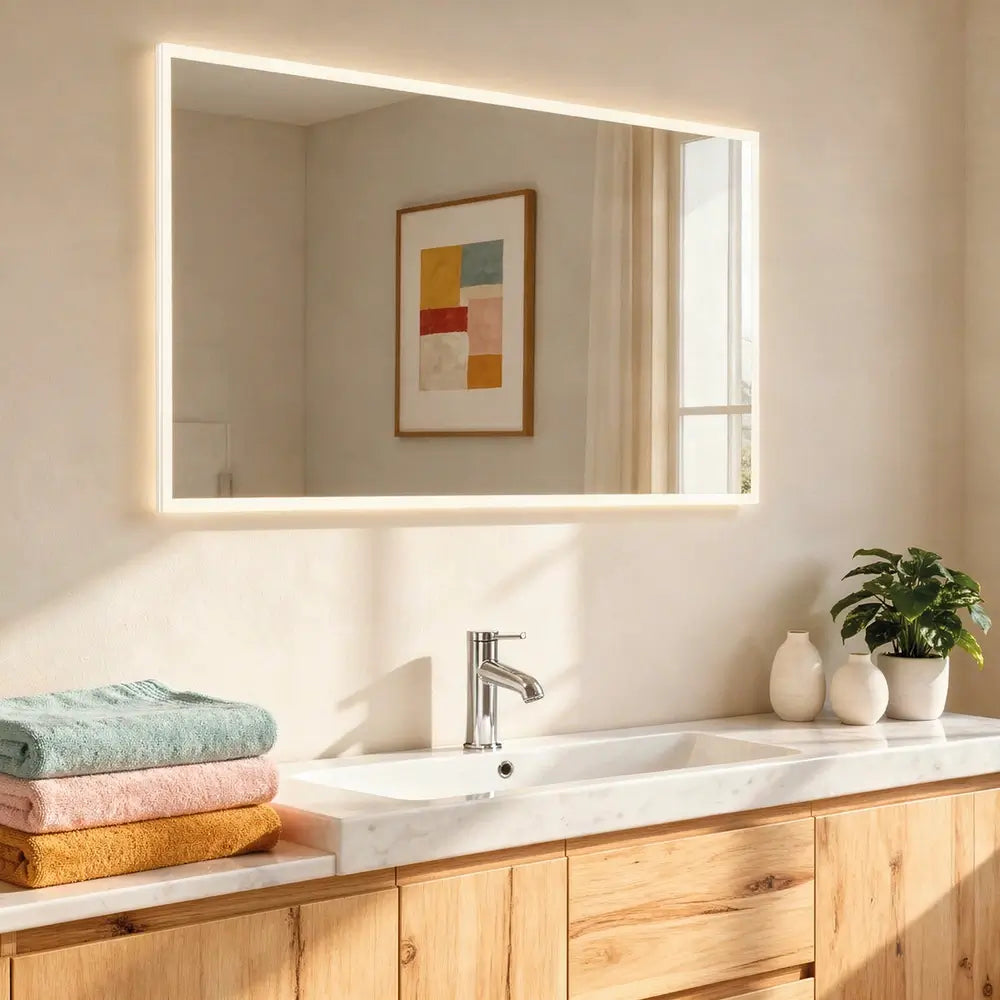Beleuchteter Badezimmerspiegel Cassino mit integrierter LED-Beleuchtung und umlaufendem Aluminium-Profil für modernes Badezimmerdesign