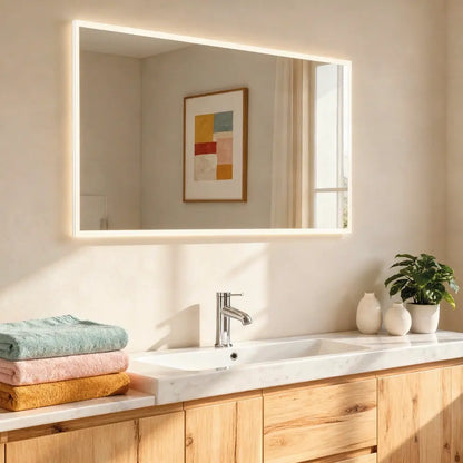 Beleuchteter Badezimmerspiegel Cassino mit integrierter LED-Beleuchtung und umlaufendem Aluminium-Profil für modernes Badezimmerdesign