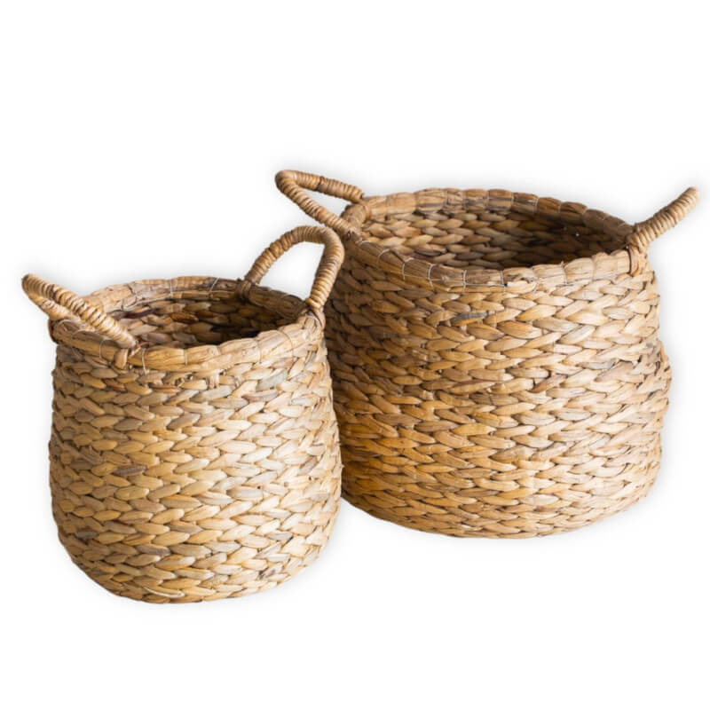 Runde, geflochtene Aufbewahrungs- & Dekokörbe aus Wasserhyazinthe im Boho-Stil (Modell Citra)