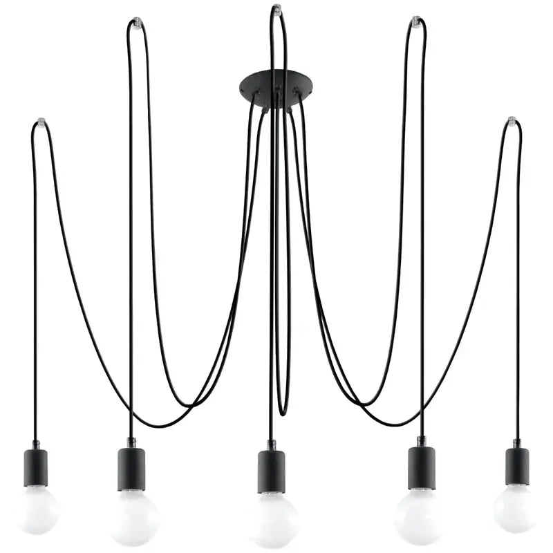 Schwarze Hängelampe mit fünf flammigen Pendeln in freier Kabelführung – moderne Pendelleuchte im minimalistischen Design