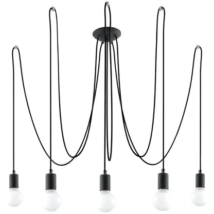 Schwarze Hängelampe mit fünf flammigen Pendeln in freier Kabelführung – moderne Pendelleuchte im minimalistischen Design