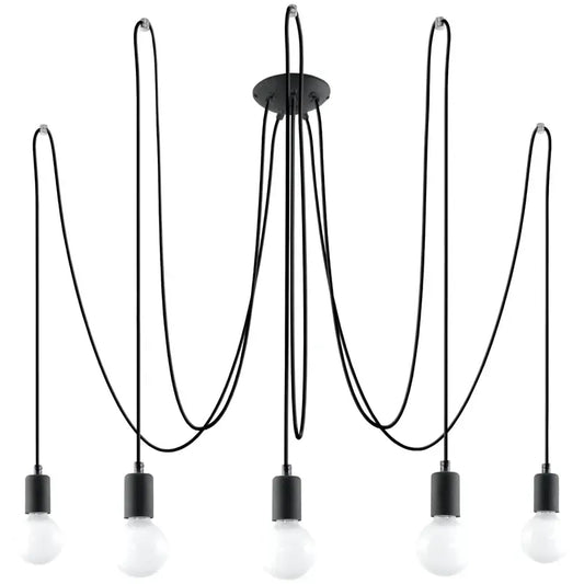 Schwarze Hängelampe mit fünf flammigen Pendeln in freier Kabelführung – moderne Pendelleuchte im minimalistischen Design