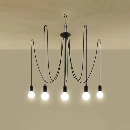 Moderne Hängelampe in Schwarz mit eingeschaltetem Licht – dekorative Pendelleuchte mit sichtbaren Leuchtmitteln