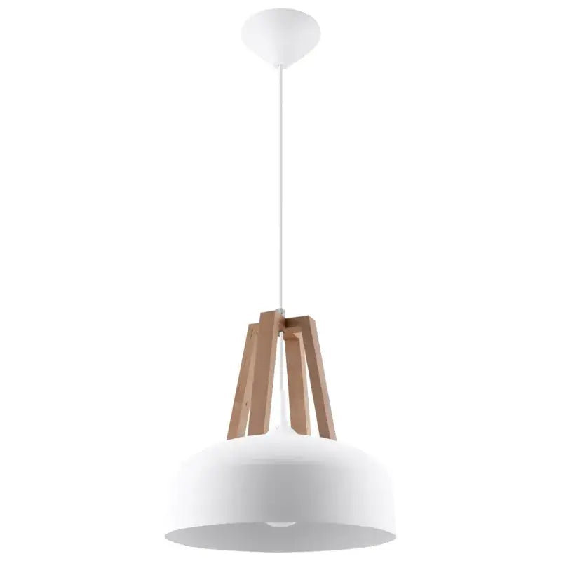 Weiße CASCO Pendelleuchten aus Metall und Holz über einem Esstisch – ideale Beleuchtung für Esszimmer, offene Küchen und moderne Wohnbereiche