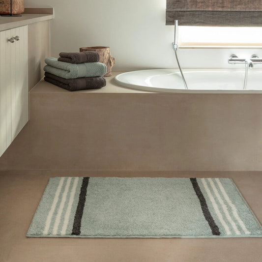 Hochflor Badematte Lima in Sand Beige – moderner Badezimmerteppich mit Streifen, rutschfest und pflegeleicht.