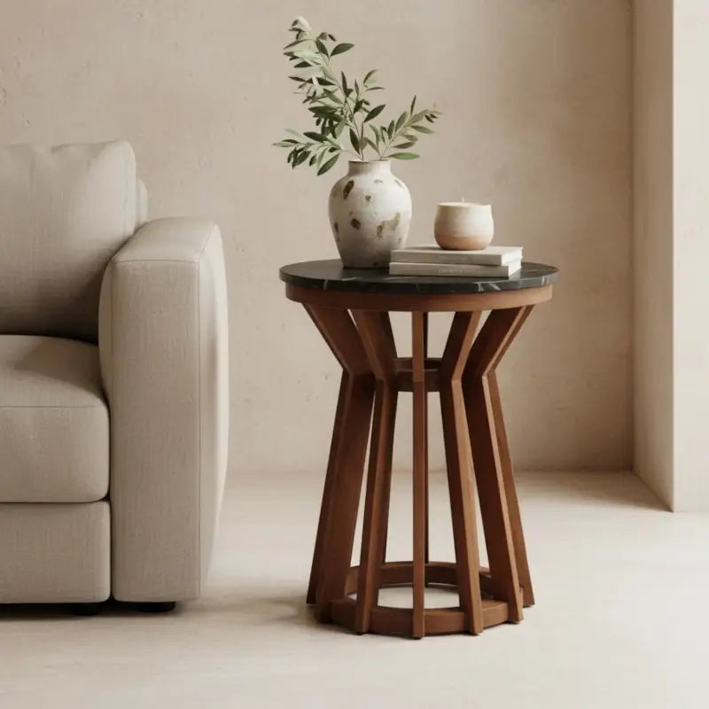 Runder Beistelltisch aus Holz mit schwarzer Marmorplatte – elegantes Design mit natürlicher Struktur und modernem Charakter