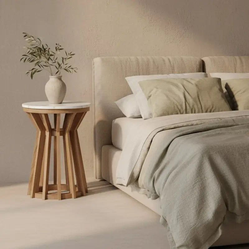 Runder Holz-Beistelltisch aus Mangoholz mit Marmorplatte als Nachttisch neben dem Bett – natürliches Design mit elegantem Look
