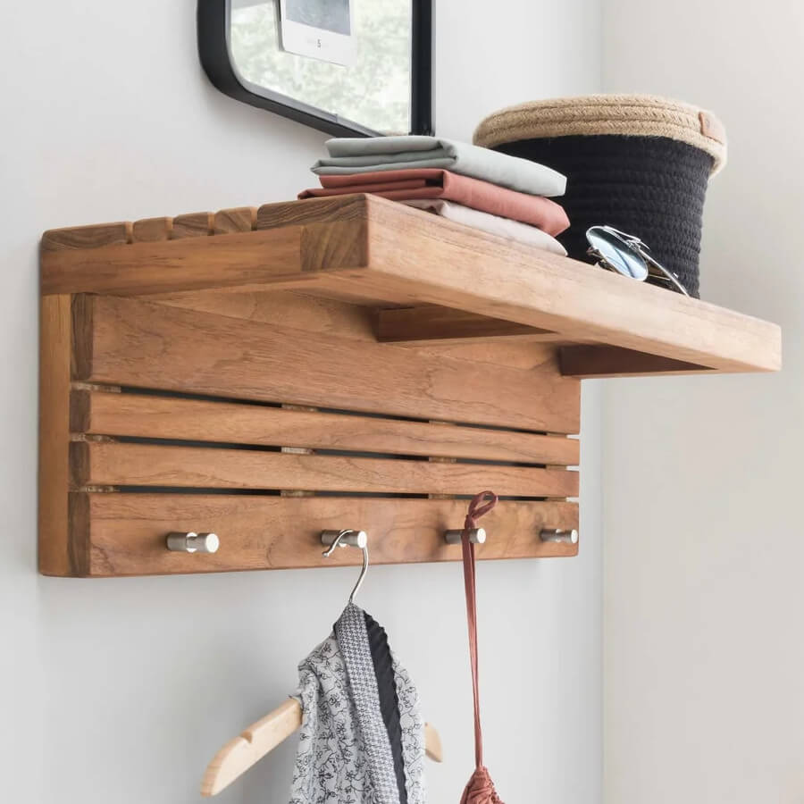 Spa Wandregal aus Holz mit Handtuchhaken/Garderobe: Praktische Aufbewahrungslösung für Flur oder Bad.