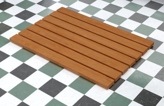Rutschfeste Teakholz-Badematte für ein natürliches Spa-Ambiente im Badezimmer.