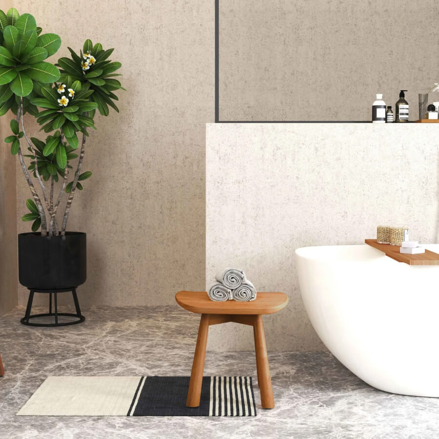 Stilvoller Teakholz-Hocker für ein exklusives Badezimmer- oder Spa-Erlebnis.