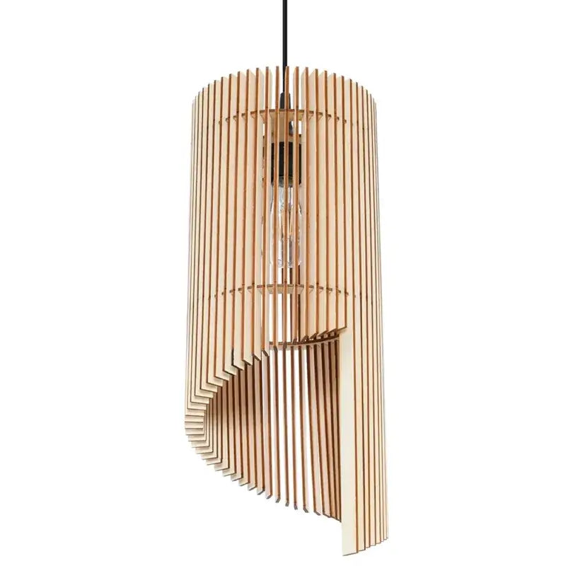 Holzlamellen Pendelleuchte ALEXIA aus Naturholz in zylindrischer, gedrehter Form