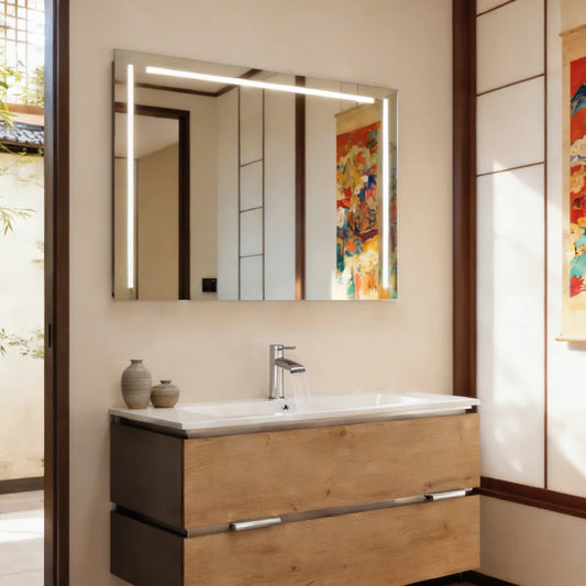 Imperia LED Badspiegel von Vogelsang mit drei sandgestrahlten Lichtauslässen und modernem Design für das Badezimmer