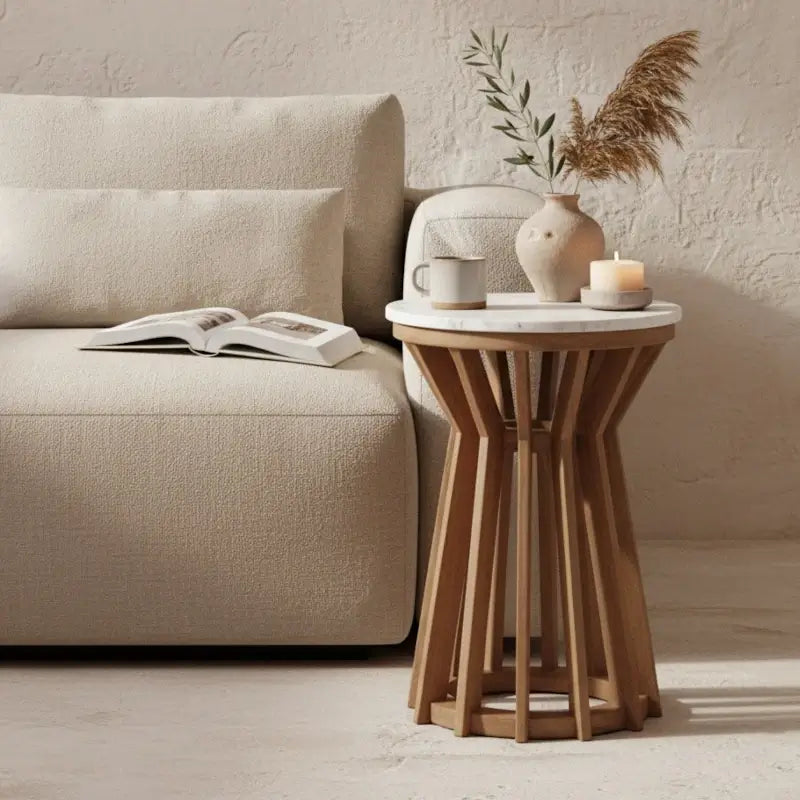 Kleiner runder Beistelltisch aus Mangoholz mit Marmorplatte neben Sofa im modernen Wohnzimmer – stilvolle Kombination aus Naturmaterialien
