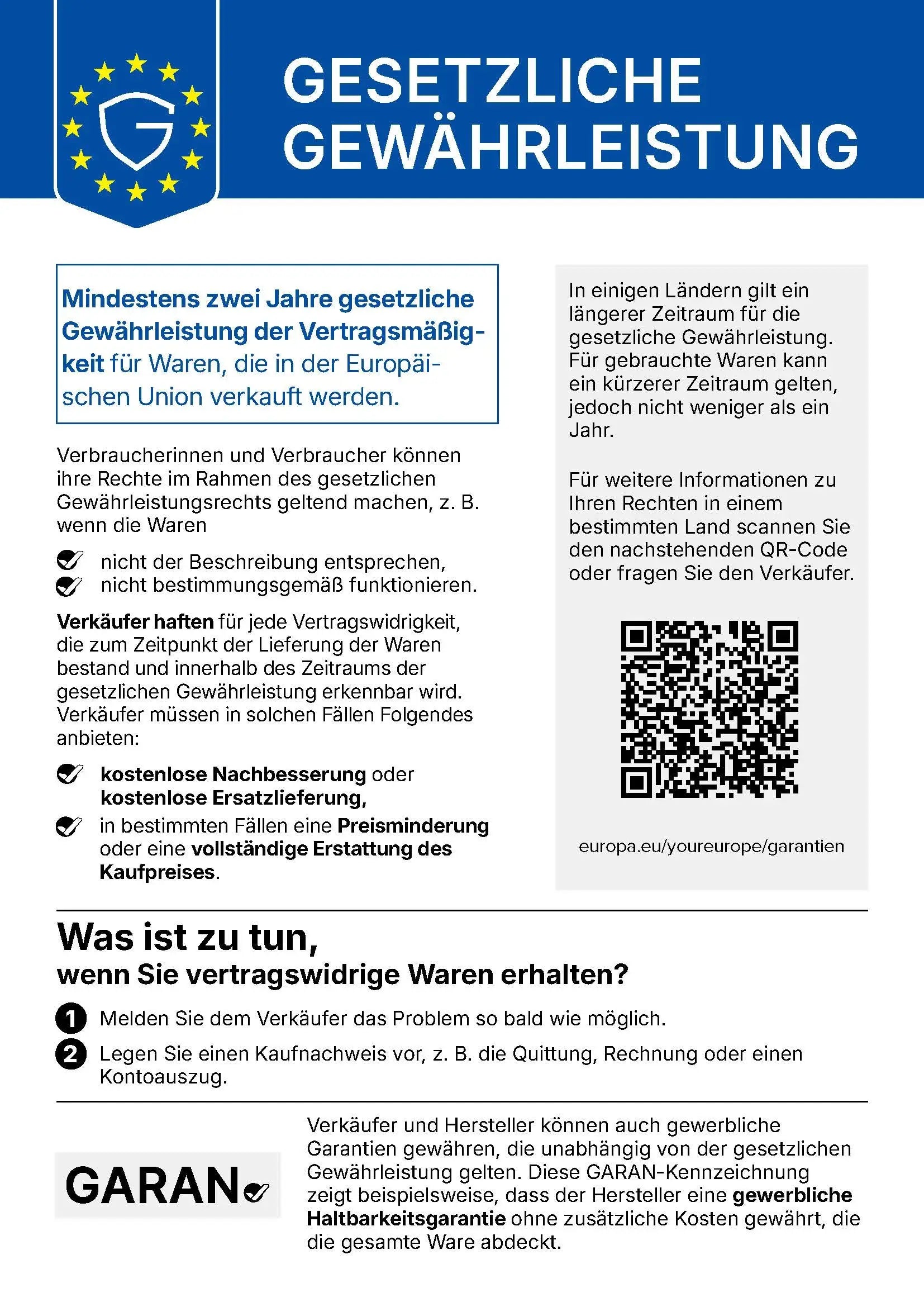Gesetzliche Gewährleistung – EU-Etikett