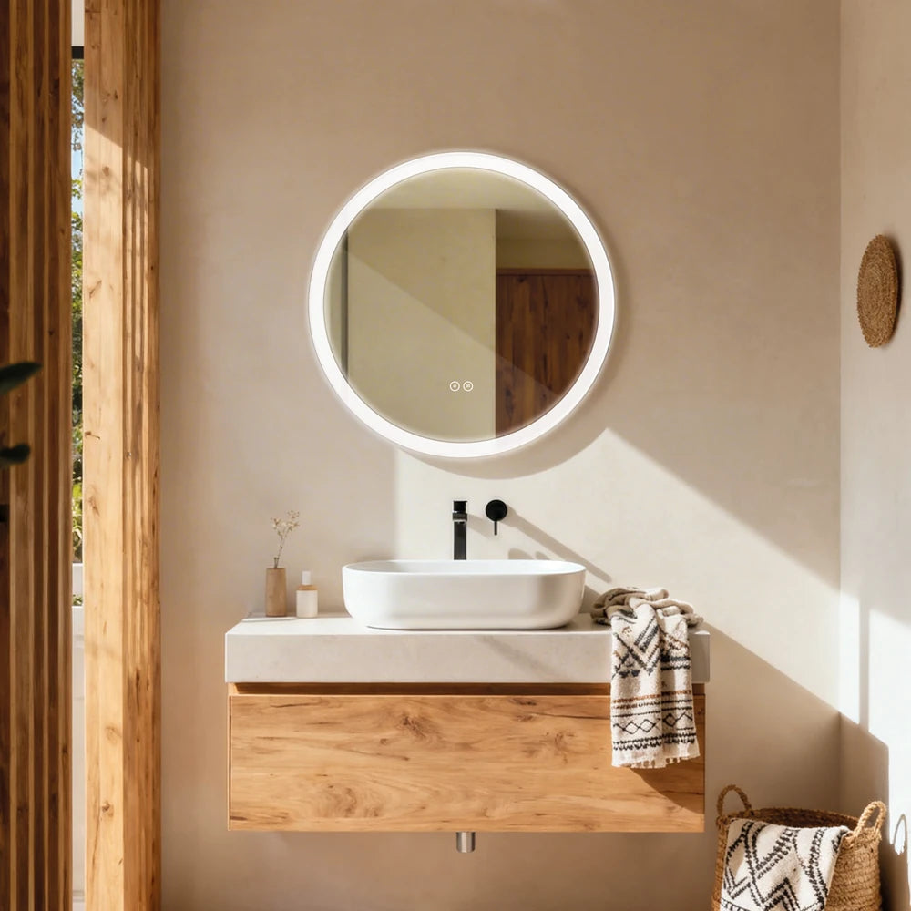Vogelsang Luna runder LED Badspiegel mit umlaufender satinierter Beleuchtung und modernem Design für stilvolle Badezimmer