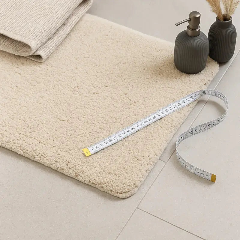 Ein maßgefertigter Badteppich in elegantem Beige – perfekt angepasst an die Gegebenheiten im Badezimmer. 