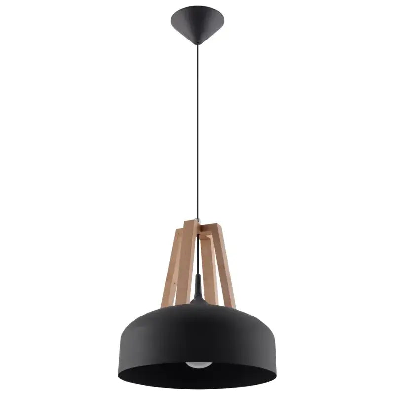 Schwarze CASCO Pendelleuchten mit Holz-Akzent über einem modernen Essbereich – ideale Beleuchtung für Esszimmer, offene Küche oder Café-Interieur.