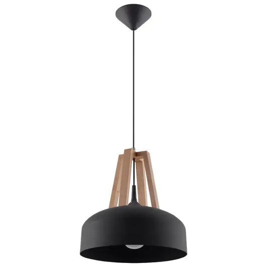 Schwarze CASCO Pendelleuchten mit Holz-Akzent über einem modernen Essbereich – ideale Beleuchtung für Esszimmer, offene Küche oder Café-Interieur.