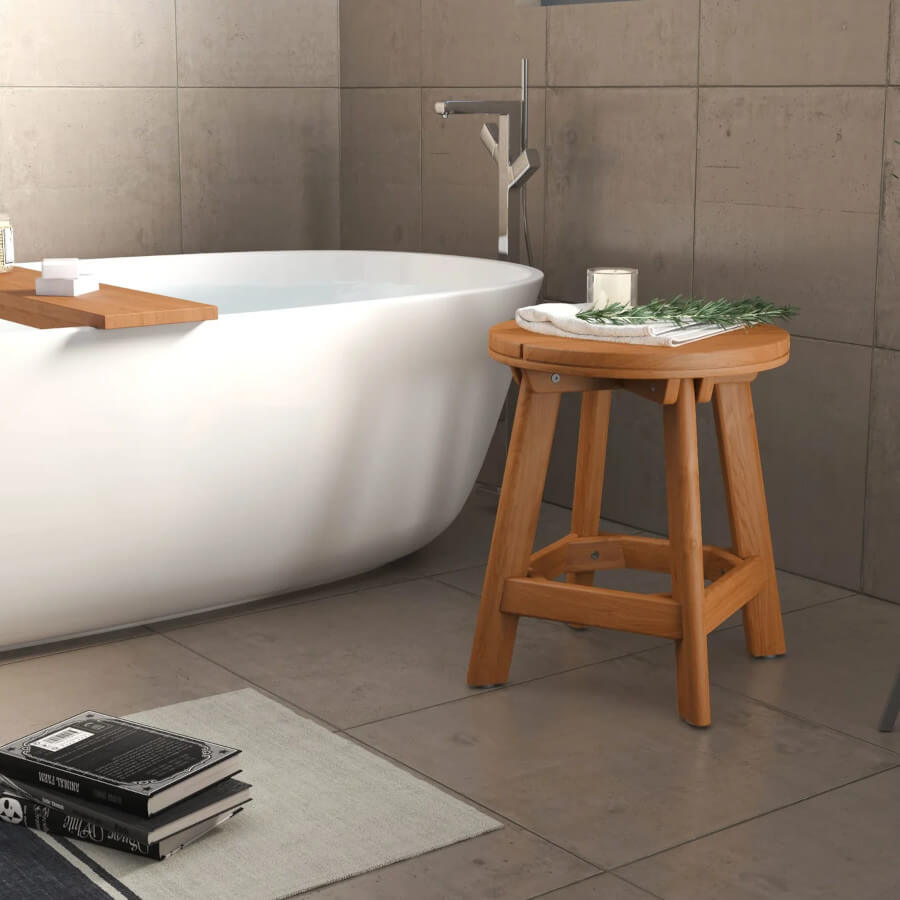 Natürlicher runder Teakholz-Badhocker, ideal für Badezimmer oder Spa-Bereiche.
