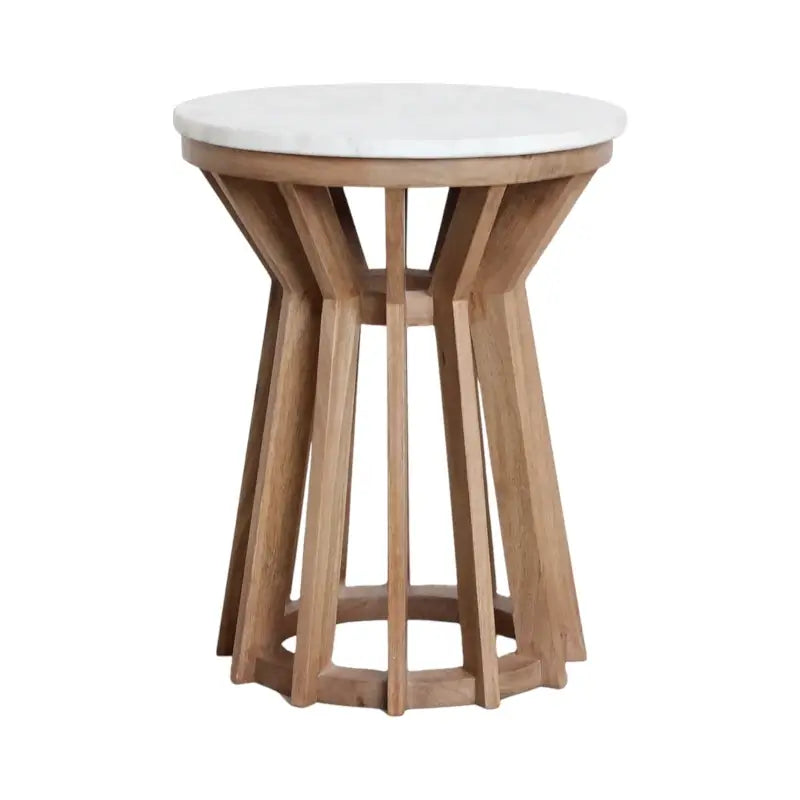 Runder Beistelltisch aus Mangoholz mit weißer Marmorplatte – ausgefallenes Design für moderne Wohnräume und stilvolle Akzente