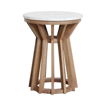 Runder Beistelltisch aus Mangoholz mit weißer Marmorplatte – ausgefallenes Design für moderne Wohnräume und stilvolle Akzente