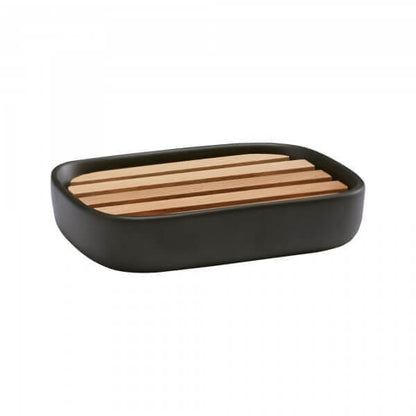 Seifenschale oder Seifenablage aus Keramik und Holz, Farbe Schwarz, Modell Oscar von Aquanova.